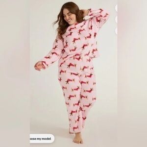 Dachshund dog in sweater & hat holiday winter pink fleece pajamas size XL